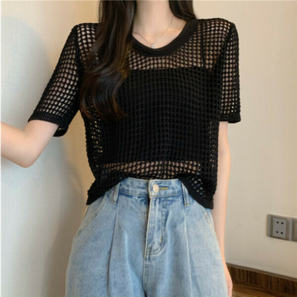 Thin cut-out short-sleeved sweater (black) (one size)】