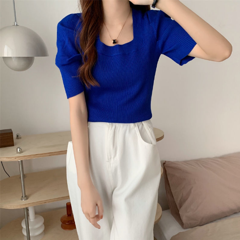 French Square Neck Knit (Blue One-size-fits-all)