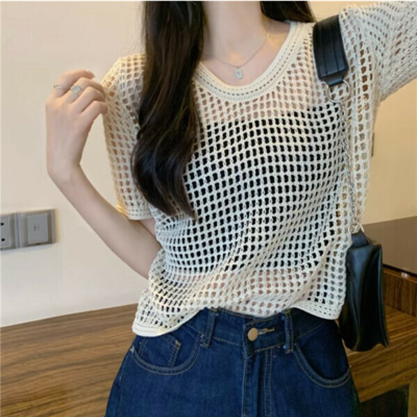 Thin cut-out short-sleeved knit sweater (apricot) (one size)】