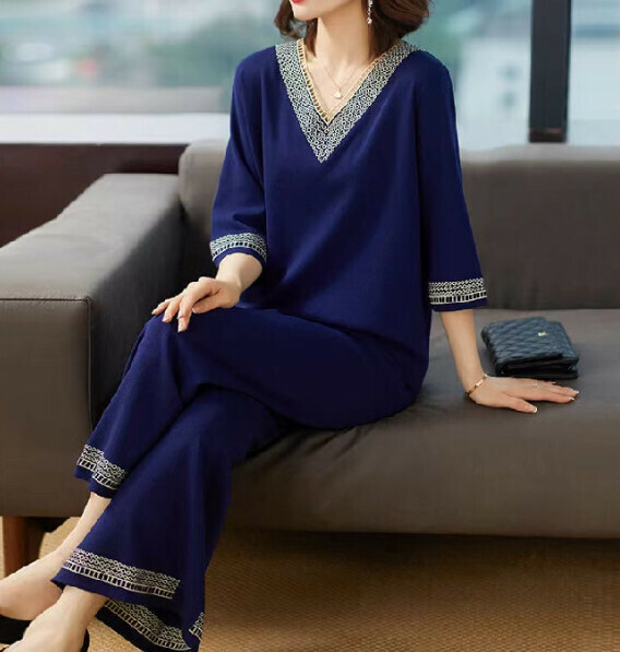 Loose wide-leg pants fashion casual two-piece set [navy blue] (size: M-5XL) (contact customer service to confirm the shipping size after placing an order)】