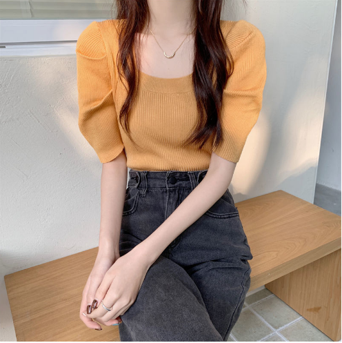 French Square Neck Knit (Yellow One-size-fits-all)