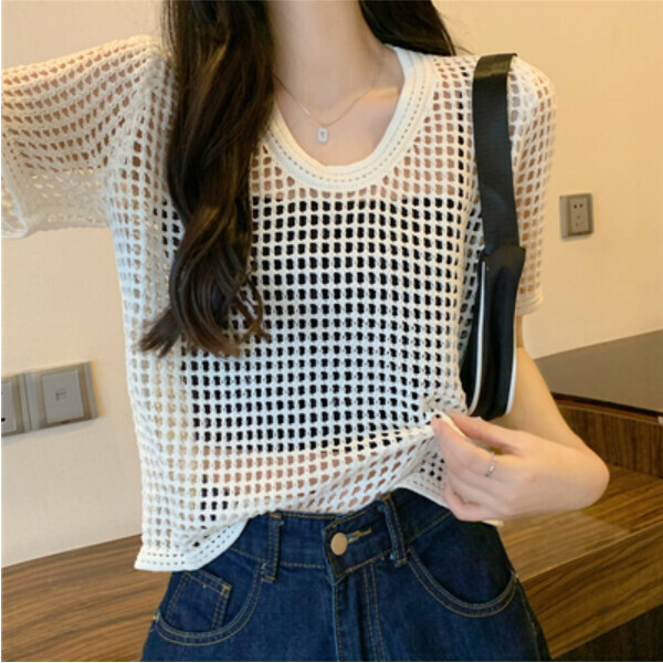 Thin cut-out short-sleeved knit sweater (white) (one size)】