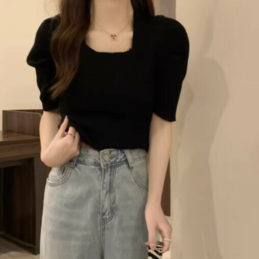 French Square Neck Knit - Black
