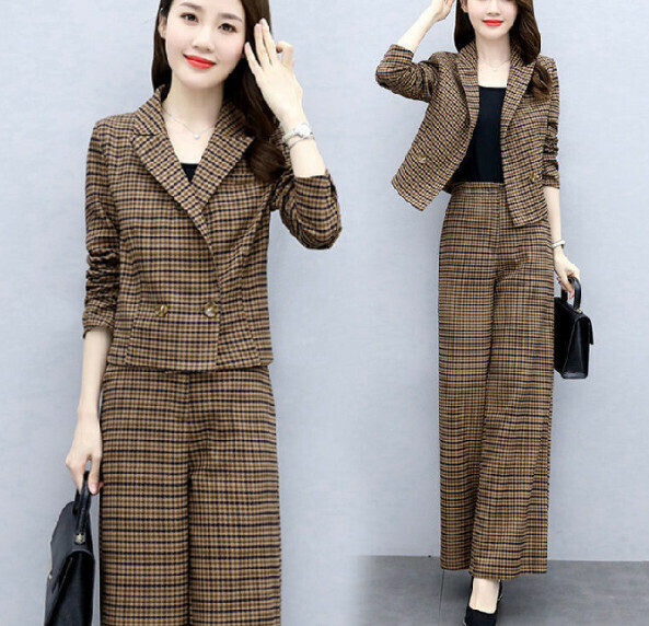 Two-piece set of wide-leg pants with foreign style plaid [coffee] (size: M-3XL) (Contact customer service to confirm the shipping size after placing an order)】
