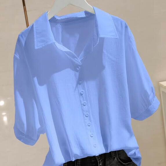 College Style Short Sleeve Shirt Women's Summer (Sky Blue [S_3XL Size] (Contact Customer Service to Confirm Shipping Size After Placing an Order)】