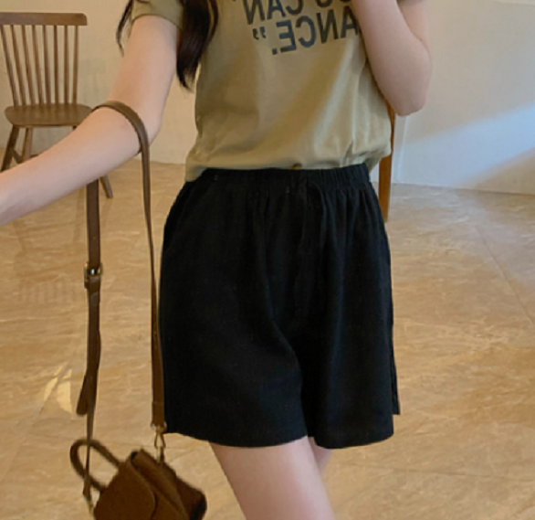 Cotton and linen high-waisted casual shorts (black) (size: M-XL) (contact customer service to confirm the shipping size after placing an order)】