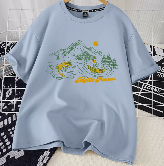 Casual loose short-sleeved T-shirt (Lake Blue Bay S-2XL) (contact customer service to confirm the shipping size after placing an order)】