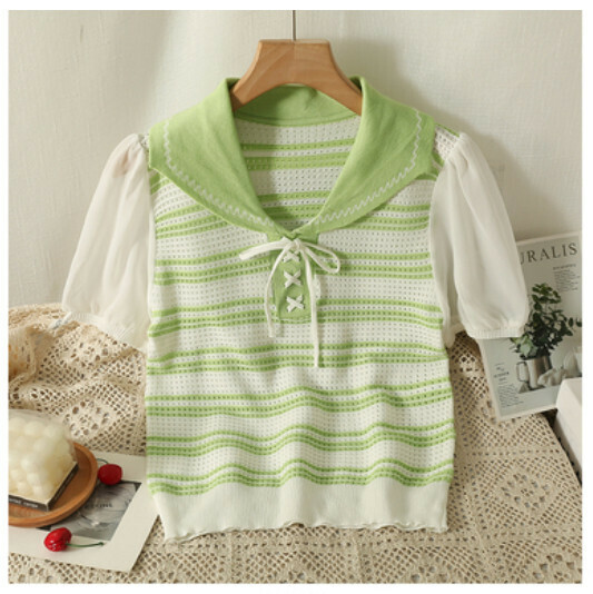 Striped stitched puff sleeve T-卹 (green) (one-size-fits-all)】
