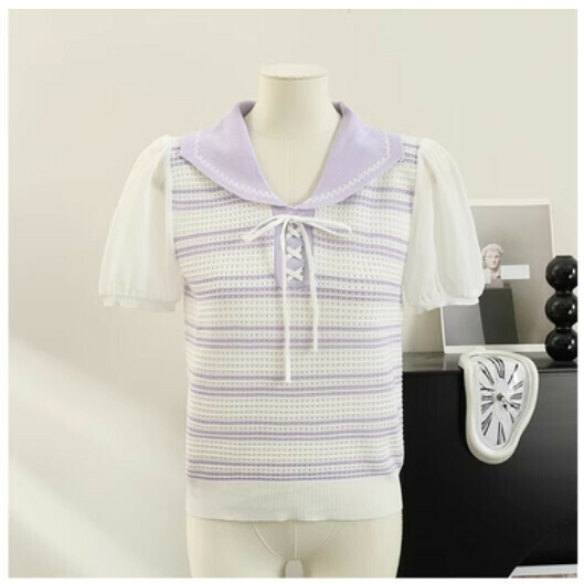 Striped stitched puff sleeve T (purple) (one size)】