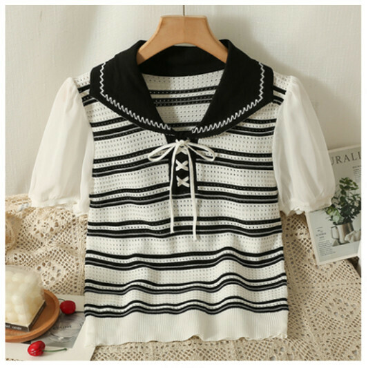 Striped stitched puff sleeve T 卹 (black) (one size)】