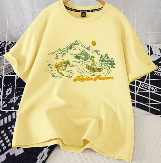 Casual loose short-sleeved T-shirt (cream yellow bay S-2XL) (contact customer service to confirm the shipping size after placing an order)】