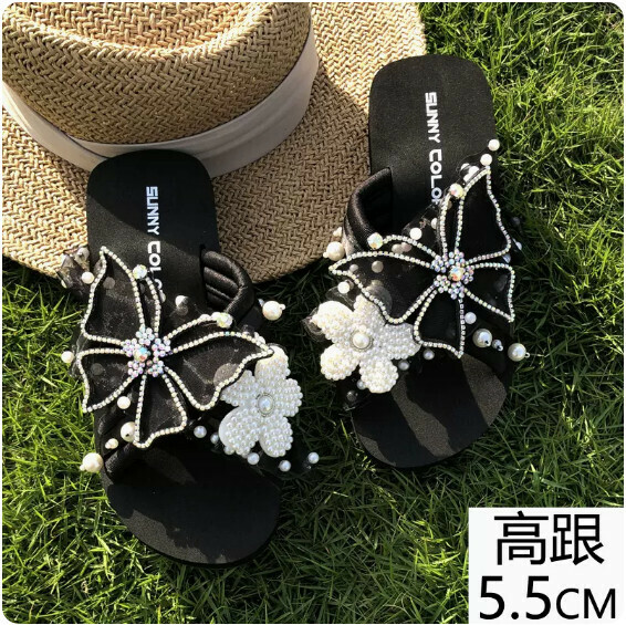 Summer Anti-slip Platform Slippers (TXE-093-117 Black Sole High Heel 5.5cm) [Size 34-41] [Contact customer service to confirm shipping size after placing an order]]