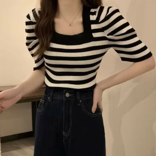 French square neck knit (black and white striped one-size-fits-all)