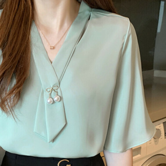 French Chiffon Short Sleeve Shirt Women's Summer (Green [S_L size] (contact customer service to confirm the shipping size after placing an order)】