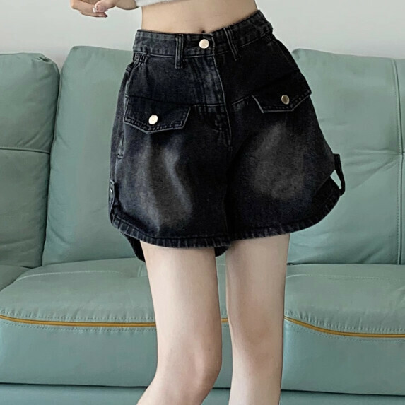 Black Retro Wide-Leg Denim Shorts Women's Summer Dress (Black [S_XL Size] (Contact Customer Service to Confirm Shipping Size after placing an order)】
