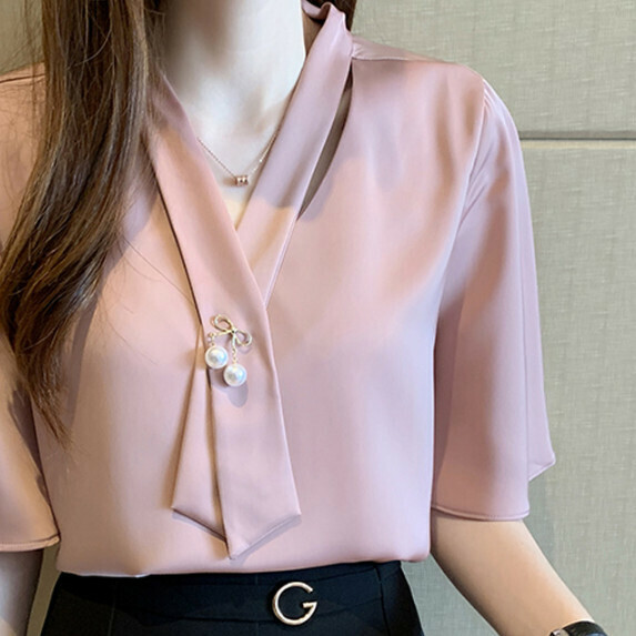 French chiffon short-sleeved shirt women's summer (pink [size S_L] (contact customer service to confirm the shipping size after placing an order)】