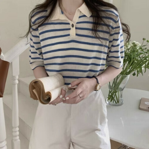 POLO NECK KNIT (BLUE STRIPE ONE-SIZE-FITS-ALL)
