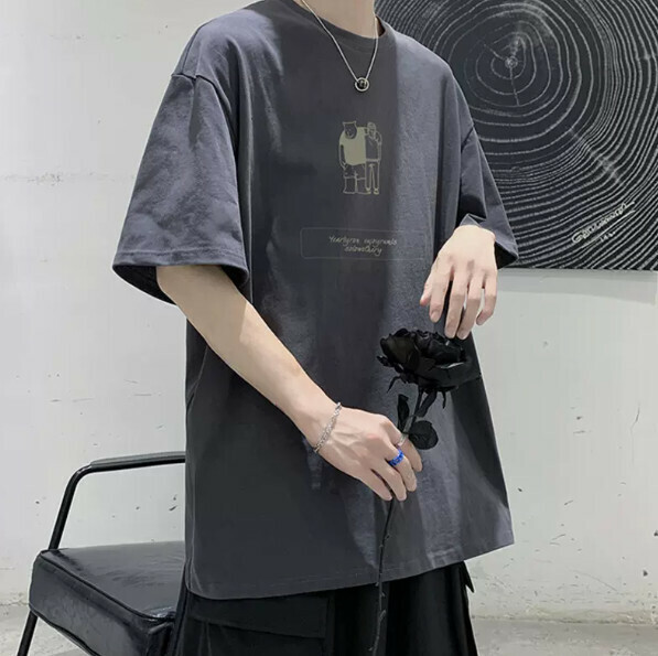 Loose cotton men's short sleeve T-shirt (dark gray size: M-5XL) (contact customer service to confirm the shipping size after placing an order)】