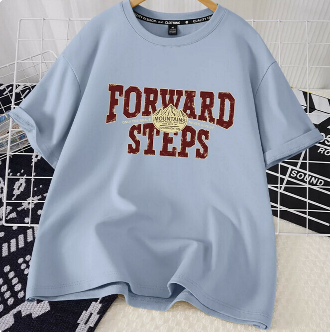 Casual loose short-sleeved T-shirt (Lake Blue Steps Forward S-2XL size) (Contact customer service to confirm the shipping size after placing an order)】