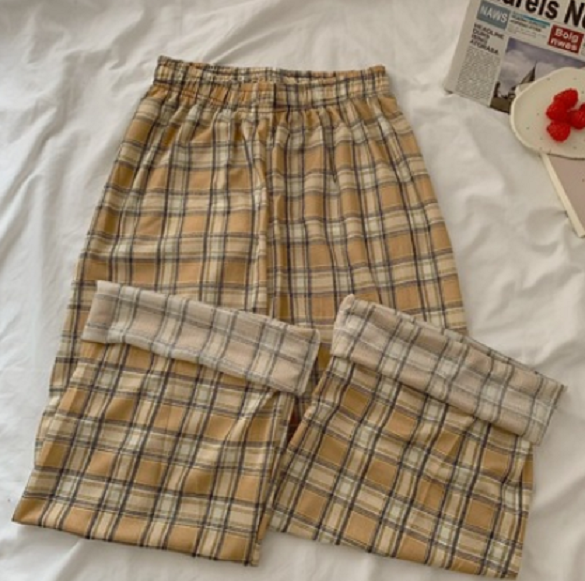 Loose straight-leg pants high waist wide-leg pants (yellow checkered) (size: M-L) (contact customer service to confirm the shipping size after placing an order)】