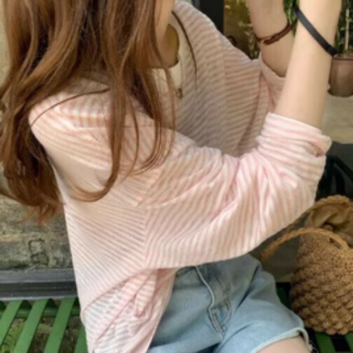 Sunscreen striped long-sleeved T-shirt (pink one-size-fits-all)】