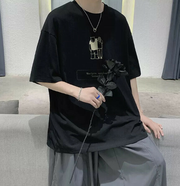 Loose cotton men's short sleeve T-shirt (black size: M-5XL) (contact customer service to confirm the shipping size after placing an order)】