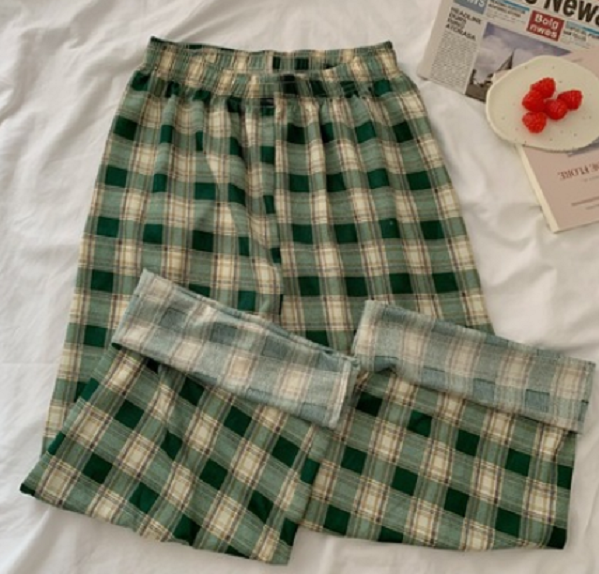 Loose straight-leg pants high-rise wide-leg pants (green grid) (size: M-L) (contact customer service to confirm the shipping size after placing an order)】