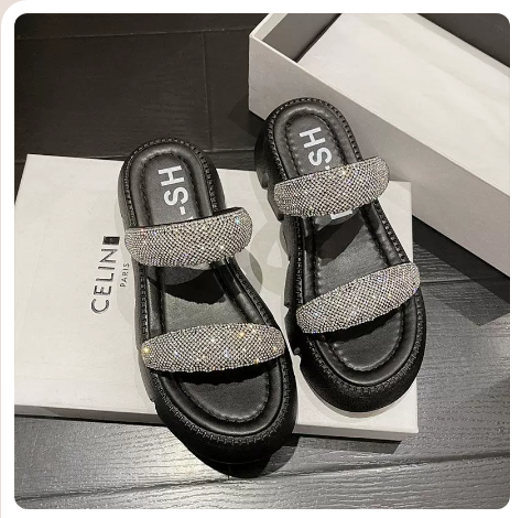 Thick-soled flatform rhinestone flip-flops (black upgraded version/35-40 yards) (contact customer service to confirm the shipping size after placing an order)】