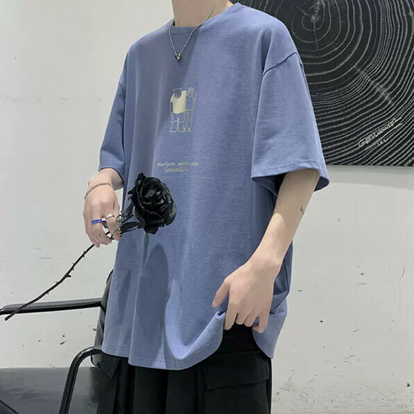 Loose cotton men's short-sleeved T-shirt (gray blue size: M-5XL) (contact customer service to confirm the shipping size after placing an order)】