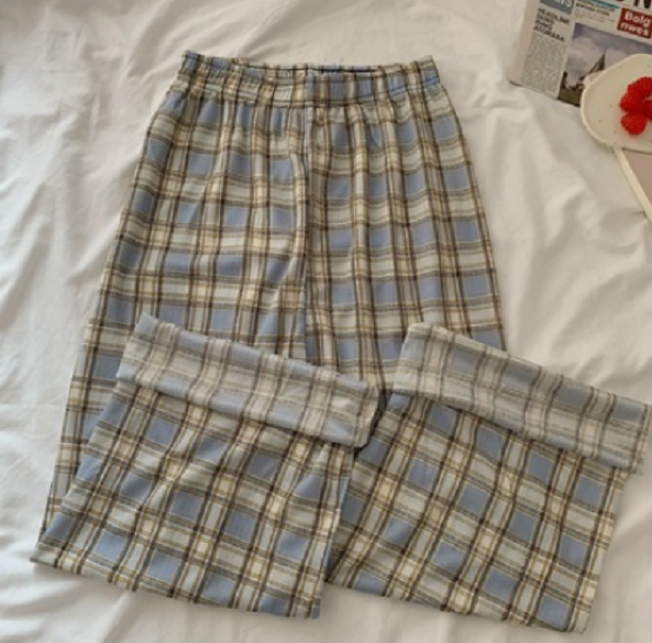 Loose straight-leg pants high-waisted wide-leg pants (blue check) (size: M-L) (contact customer service to confirm the shipping size after placing an order)】