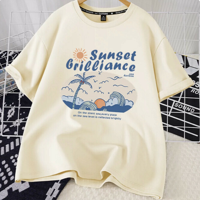 Casual loose short-sleeved T-shirt (beige sunset brilliant blue S-2XL) (contact customer service to confirm the shipping size after placing an order)】