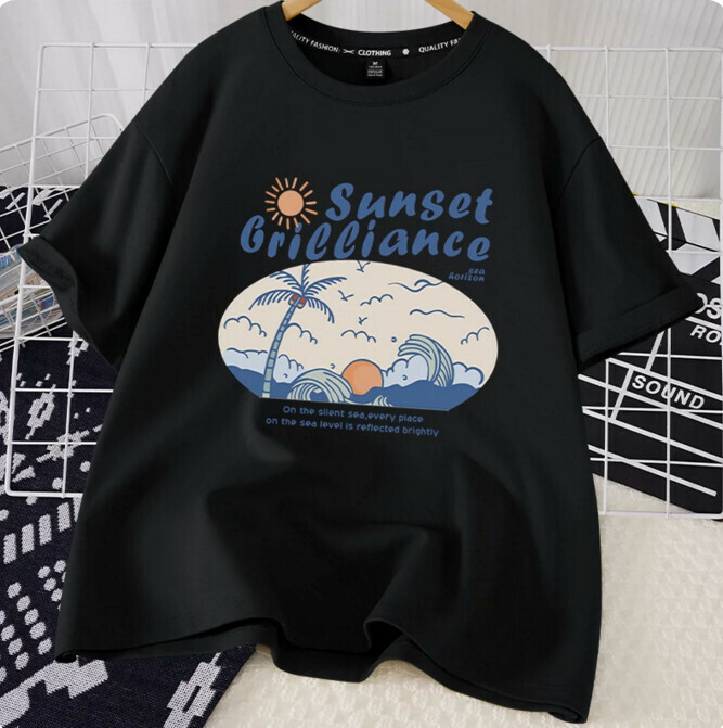 Casual Loose Short Sleeve T-Shirt (Black Sunset Brilliant Blue S-2XL) (Contact customer service to confirm the shipping size after placing an order)】