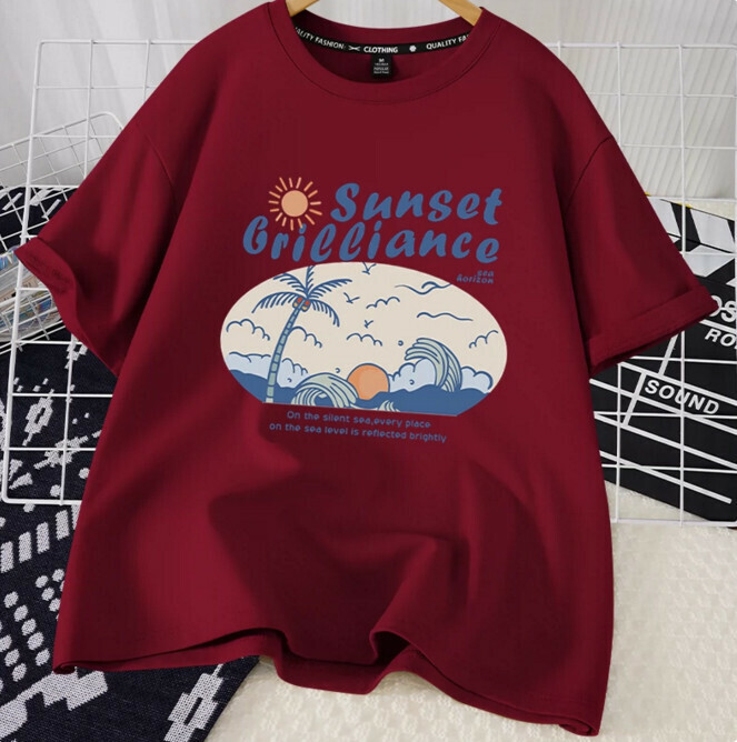 Casual loose short-sleeved T-shirt (burgundy sunset brilliant blue S-2XL) (contact customer service to confirm the shipping size after placing an order)】