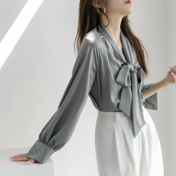 Lantern Long-sleeved Shirt Women's Spring and Autumn (Gray and Blue [S_L Size] (Contact Customer Service to Confirm Shipping Size after placing an order)】