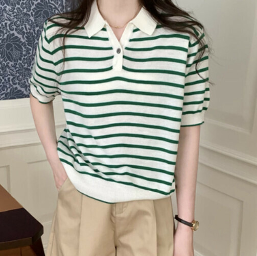 POLO NECK KNIT (GREEN STRIPE ONE-SIZE-FITS-ALL)