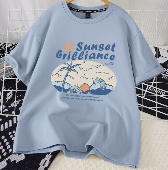 Casual loose short-sleeved T-shirt (lake blue, sunset brilliant blue, S-2XL) (contact customer service to confirm the shipping size after placing an order)】