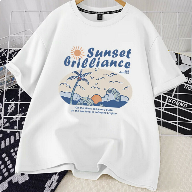 Casual Loose Short Sleeve T-Shirt (White Sunset Brilliant Blue S-2XL) (Contact customer service to confirm the shipping size after placing an order)】
