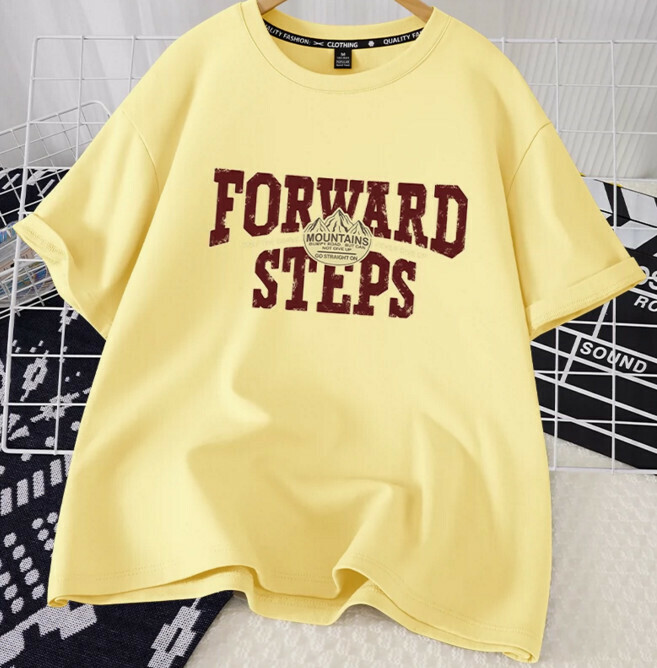 Casual loose short-sleeved T-shirt (cream yellow steps forward S-2XL) (contact customer service to confirm the shipping size after placing an order)】
