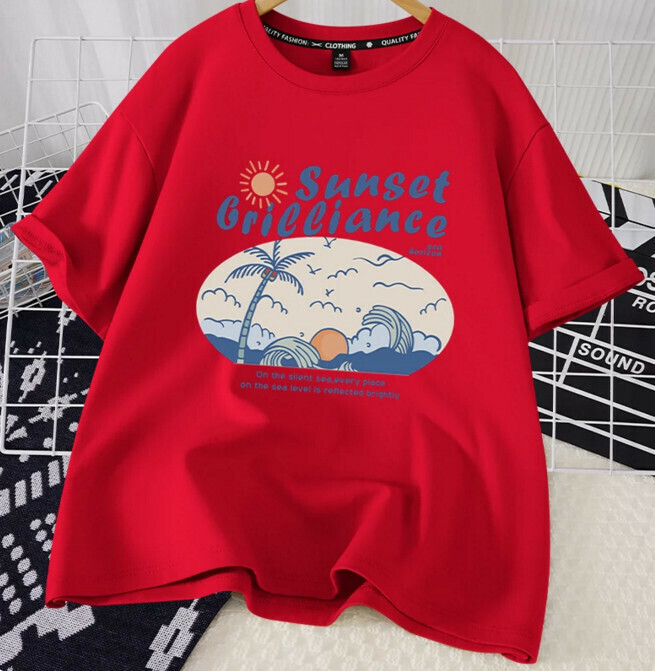 Casual Loose Short Sleeve T-Shirt (Red Sunset Brilliant Blue S-2XL) (Contact customer service to confirm the shipping size after placing an order)】