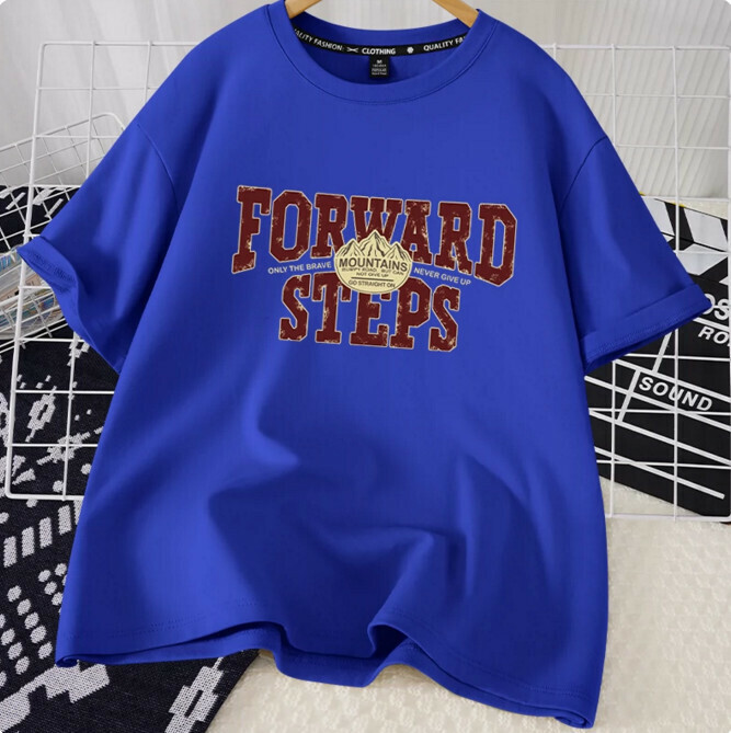 Casual loose short-sleeved T-shirt (royal blue Steps Forward S-2XL) (contact customer service to confirm the shipping size after placing an order)】