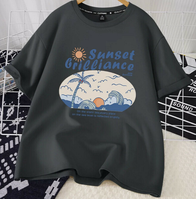 Casual loose short-sleeved T-shirt (quiet gray sunset brilliant blue S-2XL) (contact customer service to confirm the shipping size after placing an order)】