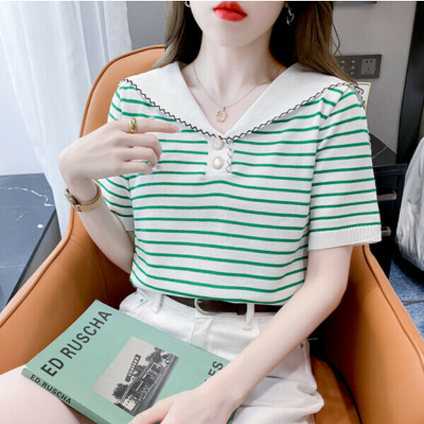Navy collar stripe pure short sleeve T-卹 (green stripe) (one size)】