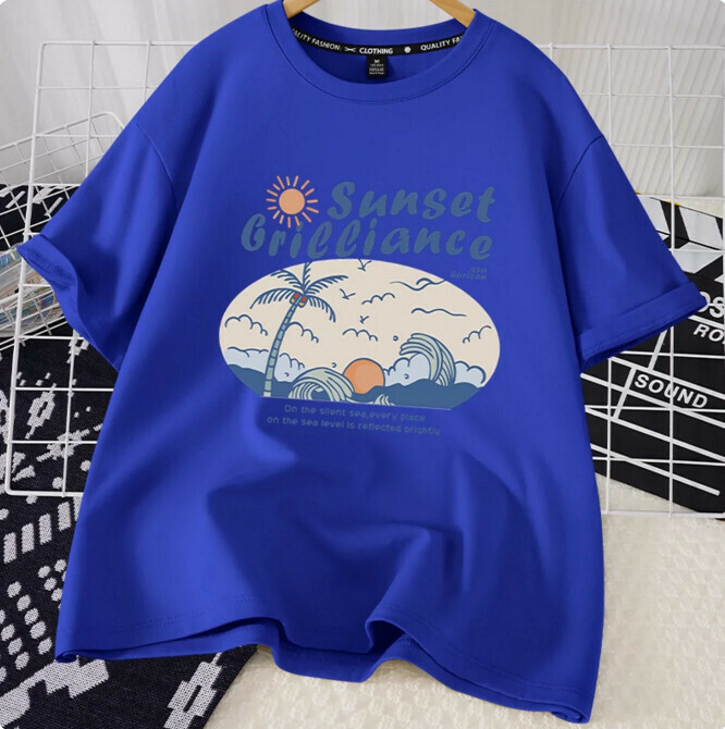 Casual loose short-sleeved T-shirt (royal blue sunset brilliant blue S-2XL) (contact customer service to confirm the shipping size after placing an order)】