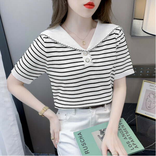 Navy collar stripe pure short sleeve T-卹 (black and white stripe) (one size)】