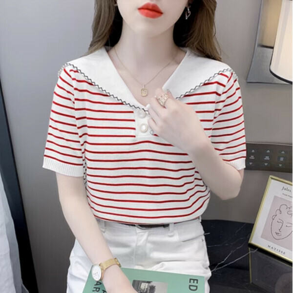 Navy collar stripe pure short sleeve T 卹 (red stripe) (one size)】