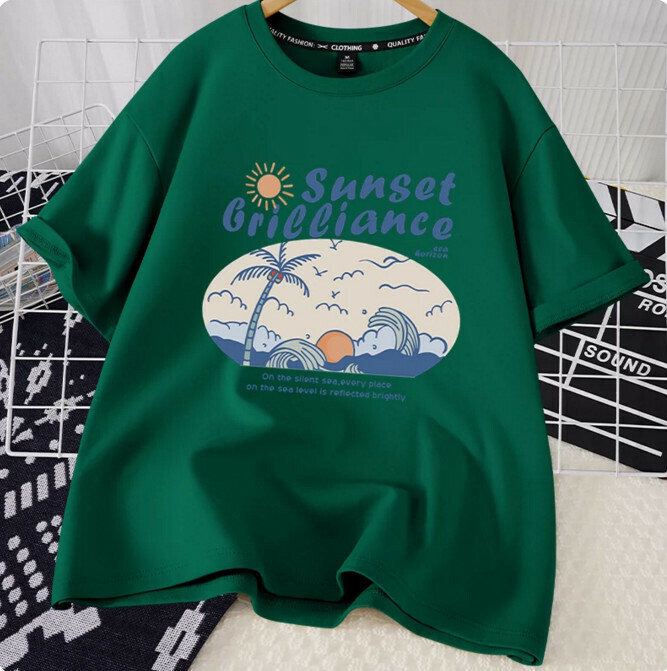 Casual loose short-sleeved T-shirt (dark green sunset brilliant blue S-2XL size) (contact customer service to confirm the shipping size after placing an order)】