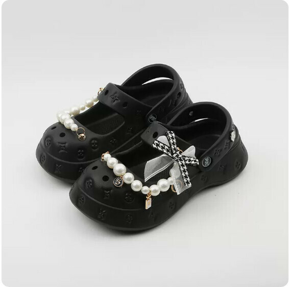 Summer Soft Sole Shallow Baotou Cave Slippers (1920-17 Black Pearl Chain) [35-40 Sizes] [Contact Customer Service to Confirm Shipping Size after Placing an Order]]