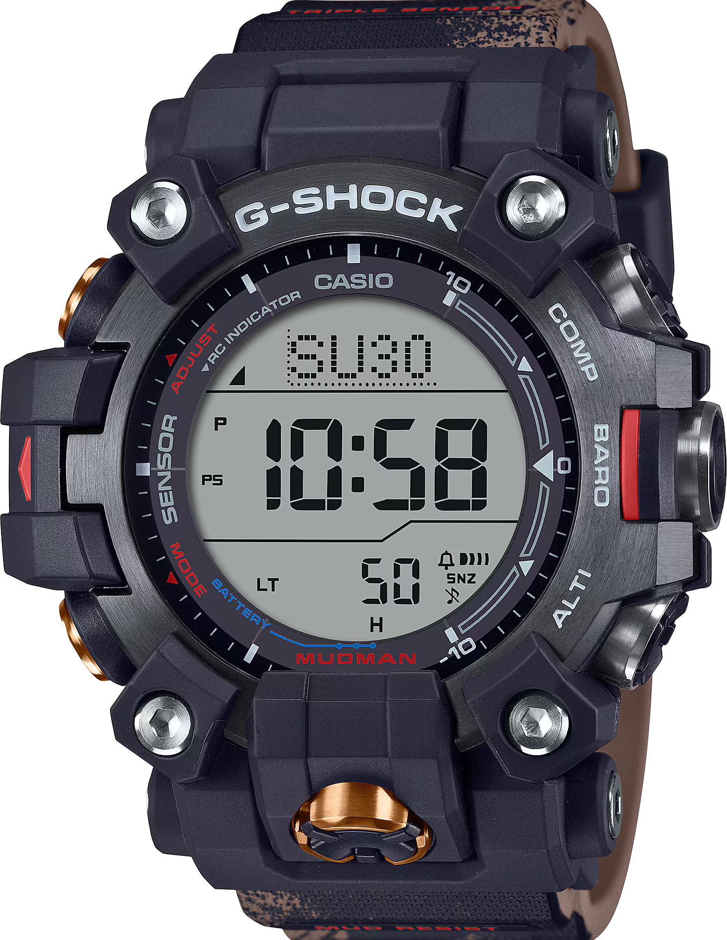 萬年鐘錶 - G-SHOCK  MASTER OF G - LAND MUDMAN  達卡拉力賽車隊精神泥人戶外太陽能電波運動電子錶 「TEAM LAND CRUISER」聯名型號 GW-9500TLC-1 錶徑 : 52.7mm