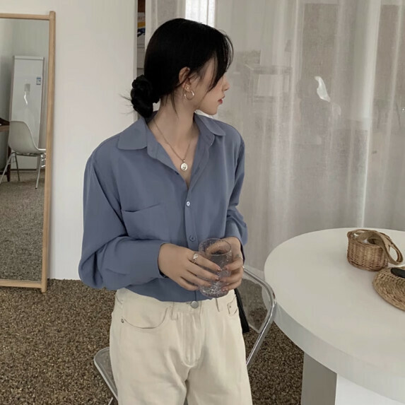 Chiffon Shirt Women's Long Sleeve Spring and Autumn (Blue [S_XL size] (contact customer service to confirm the shipping size after placing an order)】