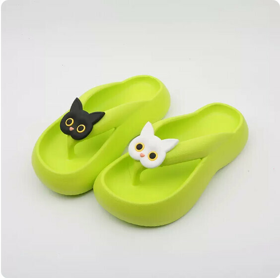 Summer thick-soled anti-slip flip-flops (9006-2 black and white cat with green bottom) [36-41 size] [Contact customer service to confirm the shipping size after placing an order]]